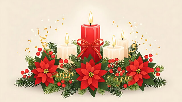 Christmas advent wreath with red poinsettias and lit candles