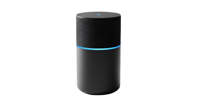 Sleek Smart Speaker with Blue Glowing Lights Against a Dark Grey Background