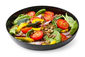 Tasty salad with lentils and vegetables isolated on white