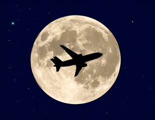 Naklejka premium A dark silhouette of a passenger aircraft flies across the moonlit sky, with the full moon serving as a backdrop. Stars dot the dark blue