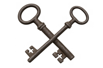 Crossing antique skeleton keys symbolizing access, security, solution, mystery, and discovery, on transparent background