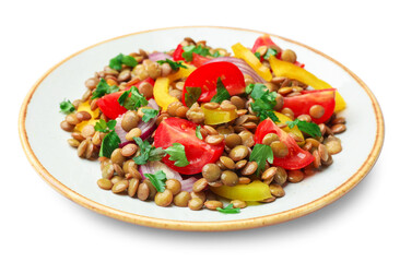 Tasty salad with lentils and vegetables isolated on white