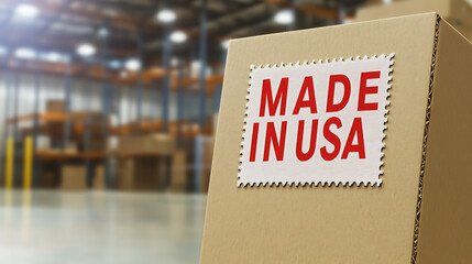 A cardboard box with a sticker that reads "MADE IN USA" rests inside a blurry warehouse. The sticker is on the right side of the box and printed in bold, red letters.