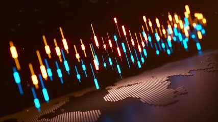 Seamless loop 3D animation of orange and blue candlestick bars hovering above a world map, symbolizing global trading, forex markets, fintech data, and financial analytics. - Powered by Adobe