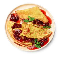 Delicious crepes served with cherry jam isolated on white, top view