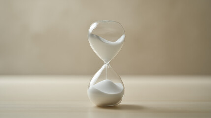expiration. An hourglass with all sand in the bottom half, a minimalist still life. wellbeing guides, coaching materials, designed for mental health education and mindfulness programs.