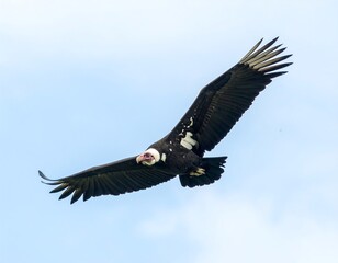 Naklejka premium A dark-bodied raptor soars gracefully against a pale blue sky, wings spread wide. The bird features a distinctive head with exposed skin