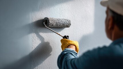 Artisan peintre appliquant de la peinture blanche sur un mur avec rouleau