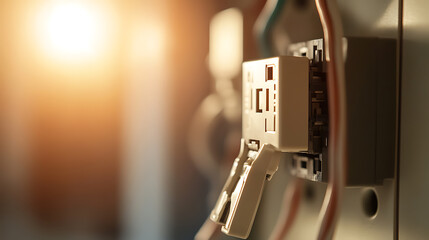 Close-up of an electrical outlet on a wall, illuminated by warm light. Focus on detail and functional design, against a soft, out-of-focus background.