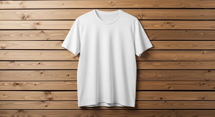 Blank white tshirt mockup displayed on a rustic wooden background, perfect for showcasing custom designs, logos, or branding