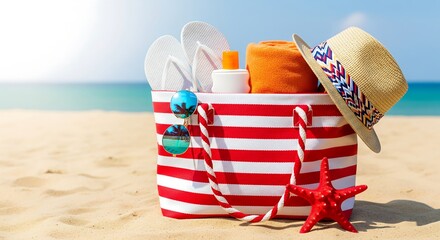Beach bag filled with summer essentials on a sandy shore