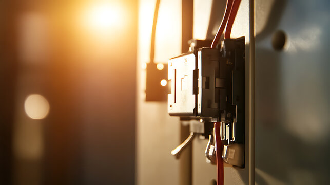 Close-up shot of electrical panel components, showcasing wiring & switches. The warm lighting creates a technical & industrial aesthetic, emphasizing connection & energy.
