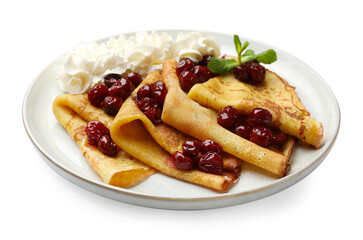 Tasty crepes with cherries, whipped cream and mint isolated on white