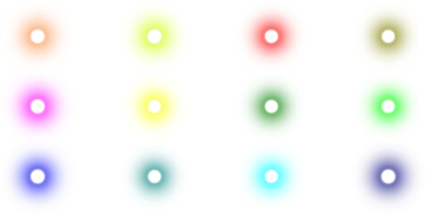 A collection of twelve colorful glowing orbs with soft auras arranged in a grid on a white background.