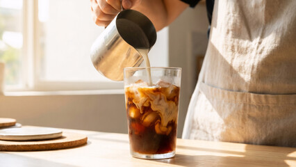 Barista pouring milk into iced coffee. Man preparing refreshing cold drink. Summer beverage and cafe concept.