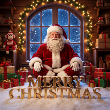 Jolly Santa Claus Sits Among Gifts and Golden 'MERRY CHRISTMAS' Text in a Festive, Snowy Wooden Cabin Interior