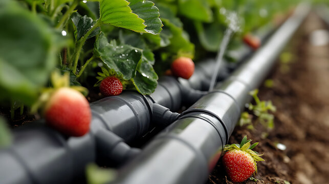 A close-up of ripe strawberries growing in a field, with a drip irrigation system providing water. Fresh, sun-ripened, sweet, & delicious; grown locally, organic strawberry fields.