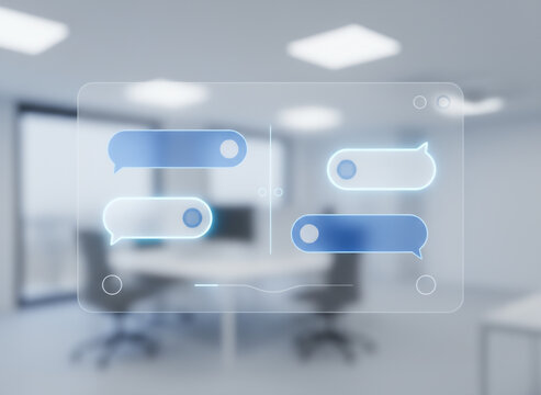 Holographic AI Chatbot Interface in Modern Office – Futuristic Transparent Messaging UI with Blue Neon Speech Bubbles, Smart Digital Assistant Concept for Business, Technology, and Communication Desig