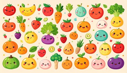 Adorable kawaii food characters illustration, smiling fruits and vegetables with expressive faces, bright color palette, soft shading, playful and cheerful style, perfect for stickers and children&rsquo;s d