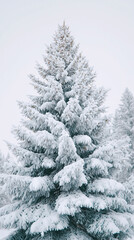 Obraz premium 2026 color trend. White fir tree covered in white glitter stands majestically against a white sky, creating a serene winter landscape with a magical ambiance and enchanting atmosphere