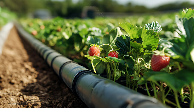 Strawberry field with irrigation line showing ripe, red strawberries amid green foliage. The fresh harvest in focus, offering a glimpse into sustainable agriculture.