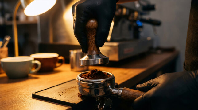 Man barista with black glove tamping coffee in portafilter. Professional coffee preparation for an espresso drink at a cafe.