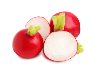 Whole and cut radishes isolated on white