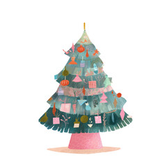 image of a decorated Christmas tree with ornaments and lights, isolated on a transparent background.