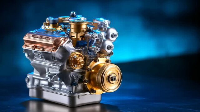 Overhead engine perspective, complex metallic assembly, blue backdrop contrast, internal combustion detail, mechanical component arrangement, automotive engineering showcase, indus