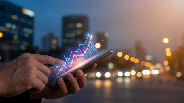 Man holding smartphone with rising business graph. Financial data projection on mobile phone. Stock market growth concept for investment.