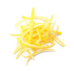 Pile of lemon zest isolated on white, top view