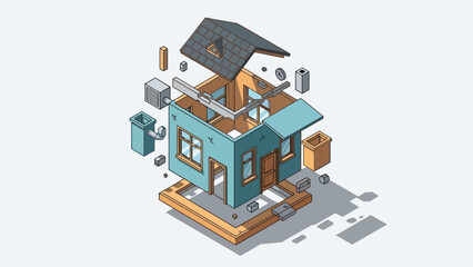 Obraz premium Exploded isometric view of a small house structure and its components