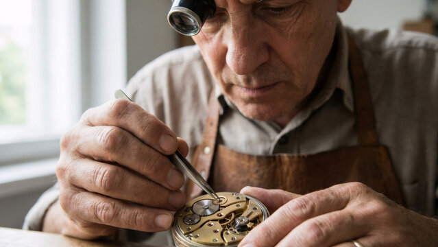 Older caucasian man watchmaker repairing clock mechanism with tools and magnifier headband. Detailed close-up of intricate work for skilled craftsmanship.