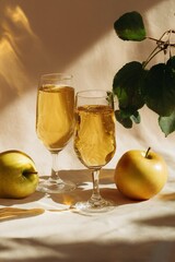 Composizione artistica con due calici di champagne accanto a due mele gialle, illuminate da una luce naturale che crea giochi di ombre.