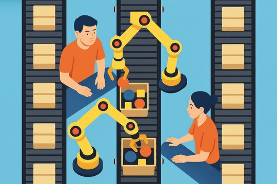 Factory workers and robotic arms working together on an assembly line