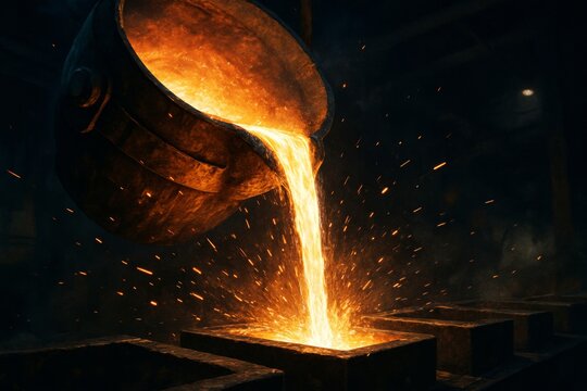 Molten metal pouring from a crucible into molds in a foundry - Powered by Adobe