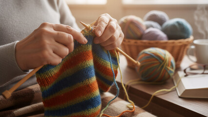 Close up of an older woman hands knitting colorful wool. Hobby and craft activity for senior woman for creative pastime. Handmade knitwear.