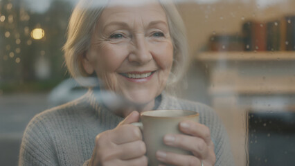 Happy senior woman holding coffee mug by window, warm moment at home. Cozy lifestyle of older generation, contemplation, relaxation and comfort concept.
