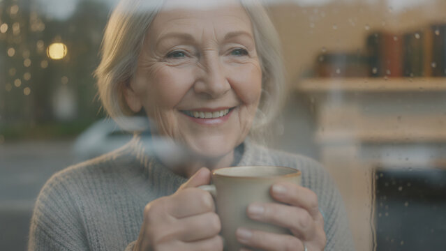Happy senior woman holding coffee mug by window, warm moment at home. Cozy lifestyle of older generation, contemplation, relaxation and comfort concept. - Powered by Adobe