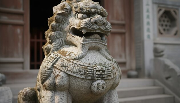 Traditional stone chinese guardian lion statue protecting a temple entrance. Ancient foo dog sculpture for asian architecture and cultural tourism. - Powered by Adobe