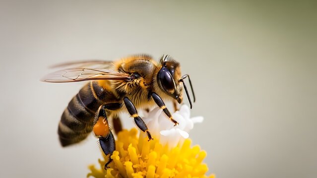 Intricate Honey Bee with Orange Pollen Sac on a Bright Yellow and White Flower Macro Focus.