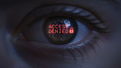 Woman eye with red access denied message and padlock symbol. Digital privacy and protection concept. Cybersecurity system failure.