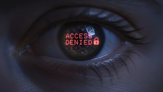 Woman eye with red access denied message and padlock symbol. Digital privacy and protection concept. Cybersecurity system failure.