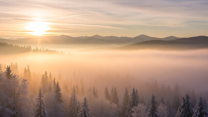 Obraz premium Peaceful Winter Sunrise over Foggy Forest and Mountain Range – Serene Nature Landscape