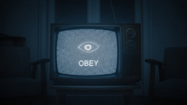Old TV set with an eye symbol and the word obey on a noisy screen. Concept of conspiracy theory, mind control, and mass manipulation.