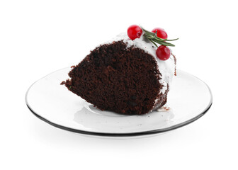 Piece of tasty Christmas cake with cranberries and rosemary isolated on white