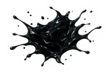 Black oil paint splash with drops creating abstract shape, liquid ink blot splashing on transparent background