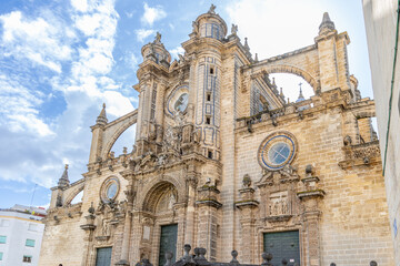 Fototapeta premium Jerez de la Frontera, Spain - May 15, 2025: Details of the exterior facade of the cathedral in Jerez de la Frontera, Spain