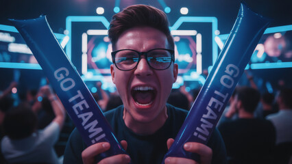 Excited fan man cheering with an open mouth at a competitive esports event. Close up of male spectator holding Go team inflatable sticks at a game.