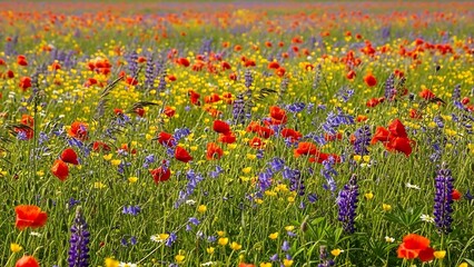 Fototapeta premium Vibrant Wildflower Meadow: Red Poppies Lupines Yellow Flowers Greenery.